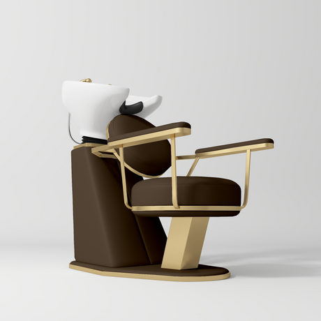 Manufakturo Élise Premium Hair Salon Backwash Chair Cocoa Mocha - White Bowl - displayed in a professional treatment-room setting