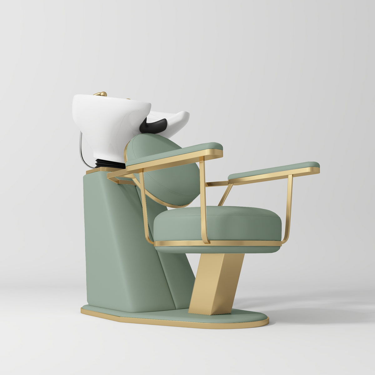 Manufakturo Élise Premium Hair Salon Backwash Chair Olive - White Bowl - displayed in a professional treatment-room setting