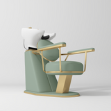 Manufakturo Élise Premium Hair Salon Backwash Chair Olive - White Bowl - displayed in a professional treatment-room setting