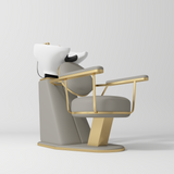 Manufakturo Élise Premium Hair Salon Backwash Chair Pearl Greige - White Bowl - displayed in a professional treatment-room setting