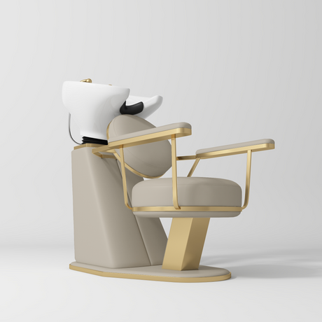 Manufakturo Élise Premium Hair Salon Backwash Chair Stone Taupe - White Bowl - displayed in a professional treatment-room setting