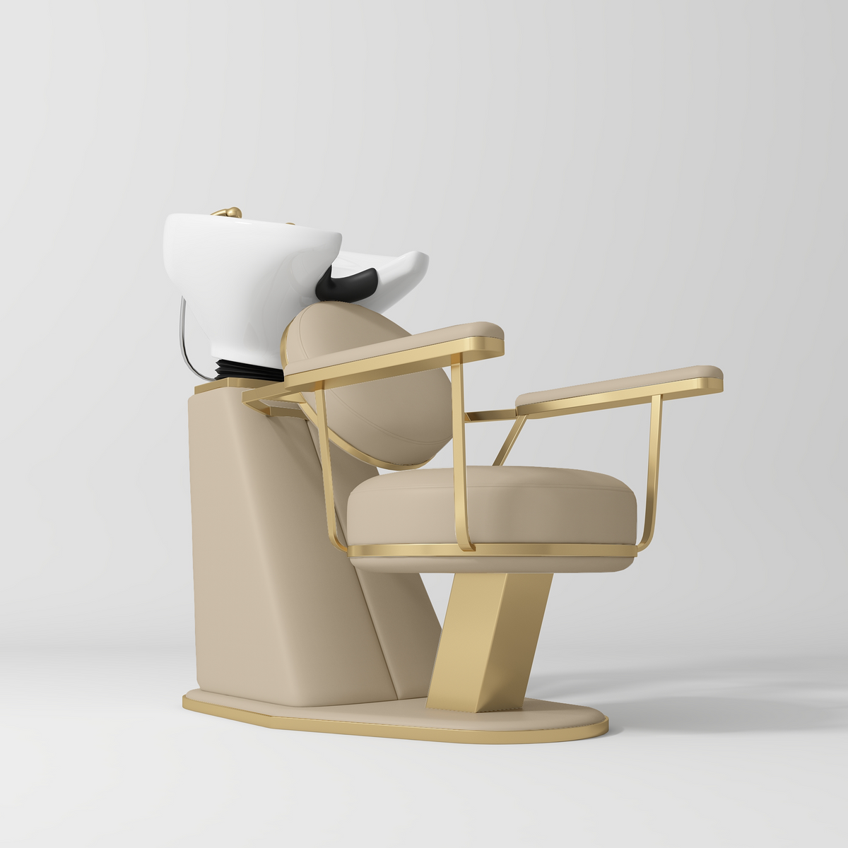Manufakturo Élise Premium Hair Salon Backwash Chair Warm Beige - White Bowl - displayed in a professional treatment-room setting