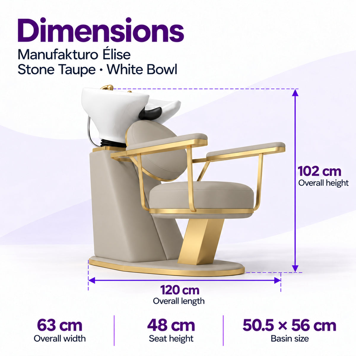 Manufakturo Élise Stone Taupe backwash unit dimensions: 120 cm overall length, 63 cm width, 102 cm height, 48 cm seat height and 50.5 x 56 cm basin.