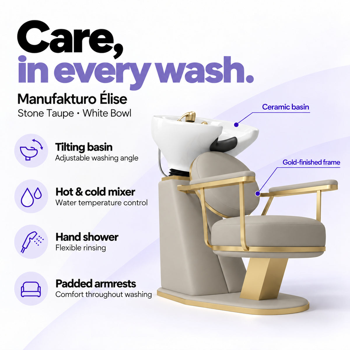 Manufakturo Élise Stone Taupe hair salon backwash unit with a white tilting ceramic basin, hot and cold mixer, hand shower and padded armrests.