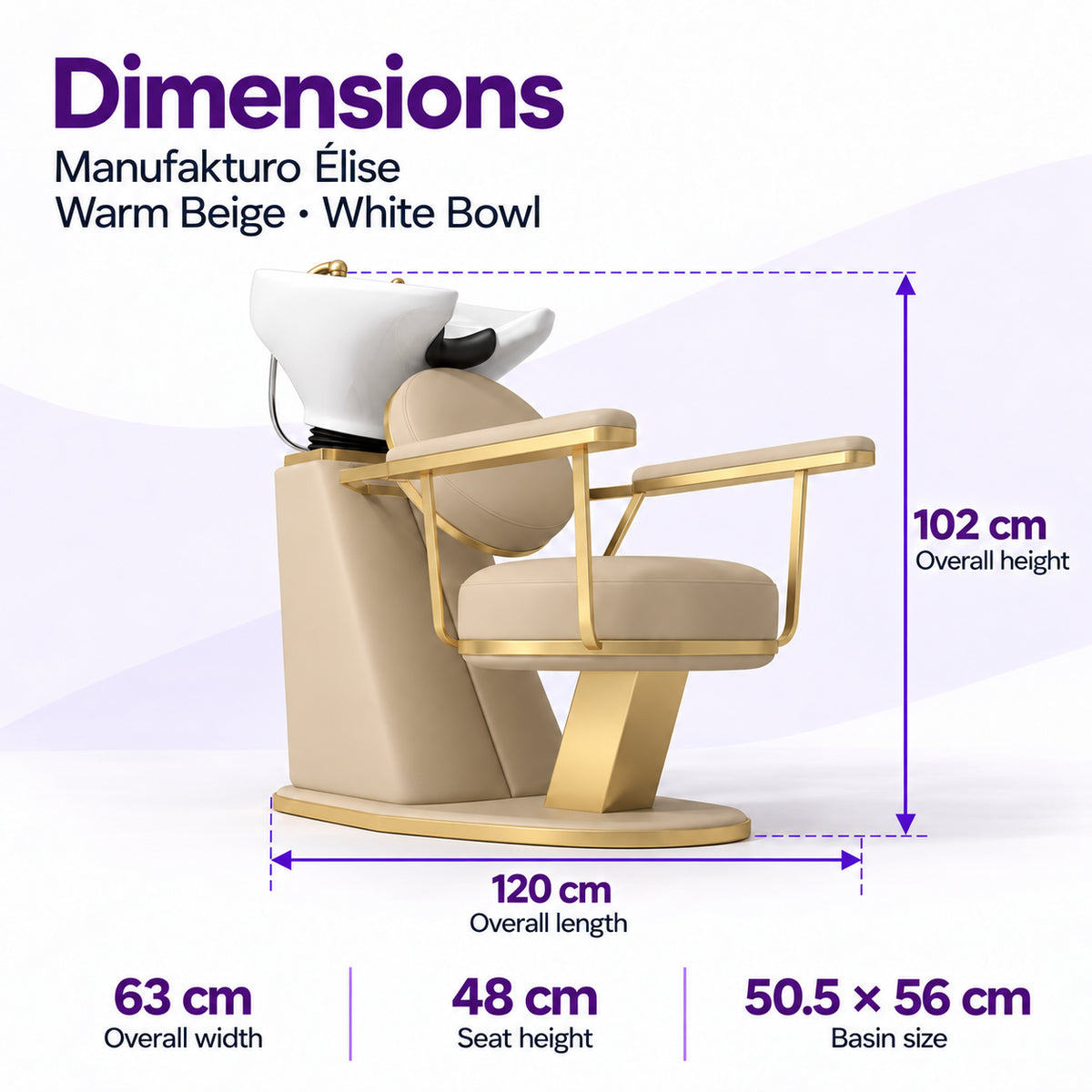 Manufakturo Élise Warm Beige backwash unit dimensions: 120 cm overall length, 63 cm width, 102 cm height, 48 cm seat height and 50.5 x 56 cm basin.