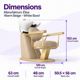 Manufakturo Élise Warm Beige backwash unit dimensions: 120 cm overall length, 63 cm width, 102 cm height, 48 cm seat height and 50.5 x 56 cm basin.