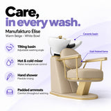 Manufakturo Élise Warm Beige hair salon backwash unit with a white tilting ceramic basin, hot and cold mixer, hand shower and padded armrests.