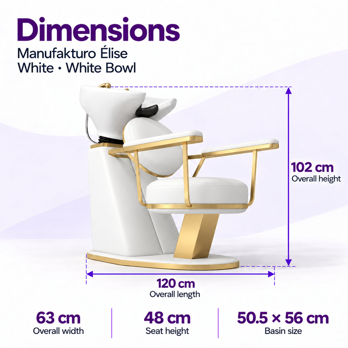 Manufakturo Élise White backwash unit dimensions: 120 cm overall length, 63 cm width, 102 cm height, 48 cm seat height and 50.5 x 56 cm basin.