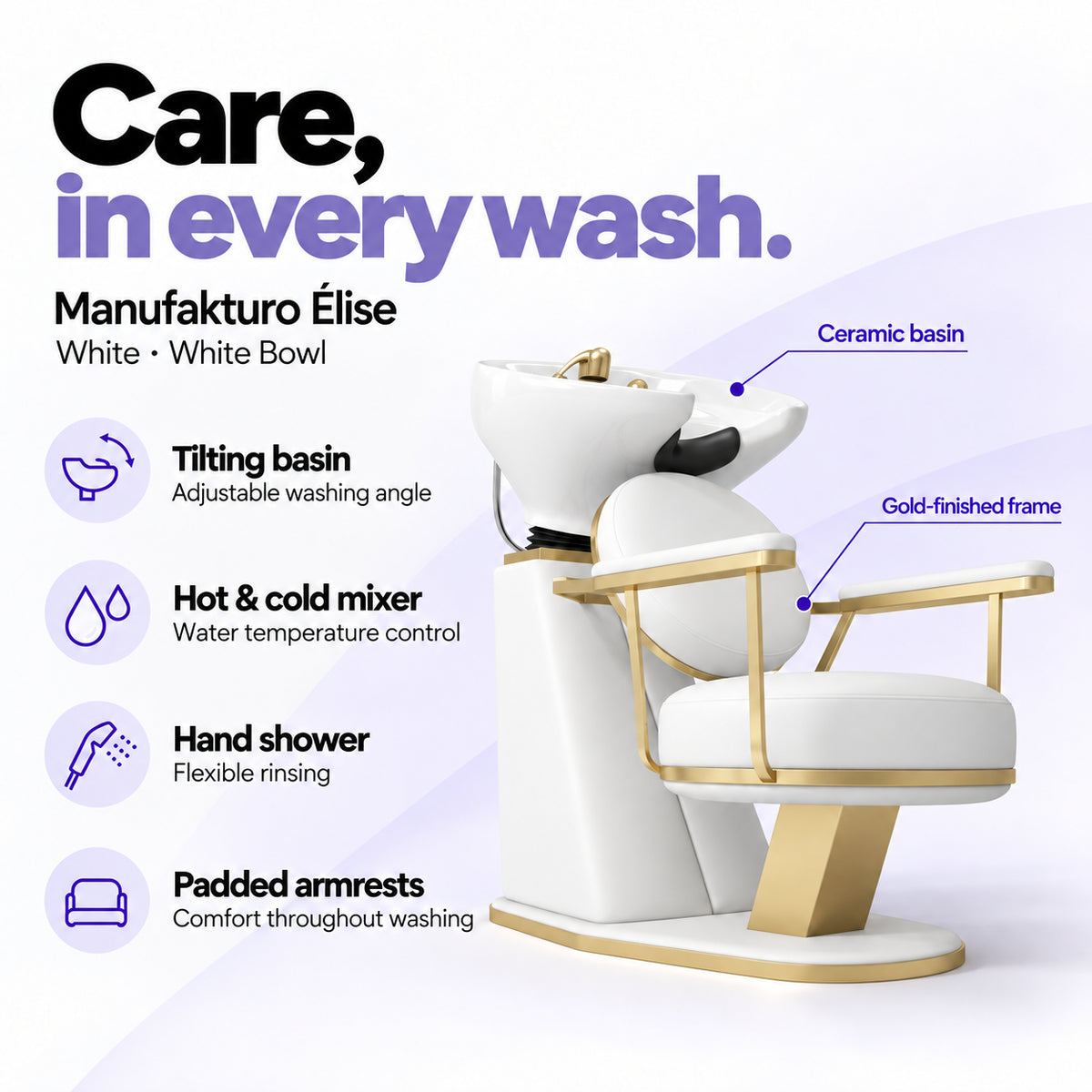 Manufakturo Élise White hair salon backwash unit with a white tilting ceramic basin, hot and cold mixer, hand shower and padded armrests.