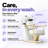Manufakturo Élise White hair salon backwash unit with a white tilting ceramic basin, hot and cold mixer, hand shower and padded armrests.