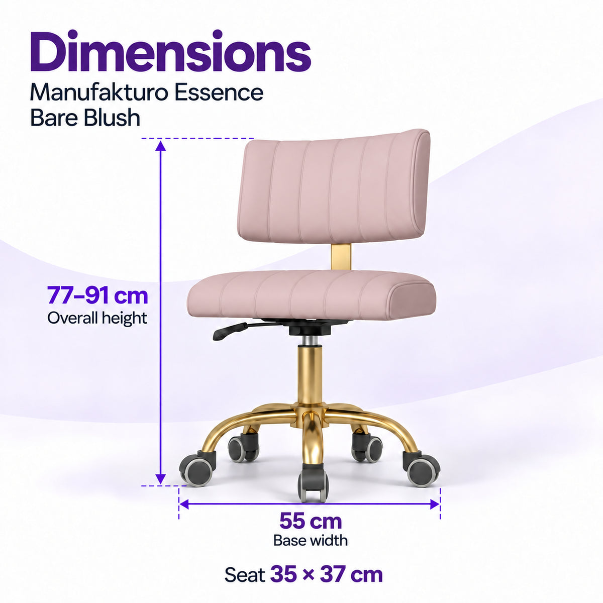 Manufakturo Essence Bare Blush beauty chair dimensions: overall height 77 to 91 cm, seat 35 x 37 cm and base width 55 cm.
