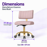 Manufakturo Essence Bare Blush beauty chair dimensions: overall height 77 to 91 cm, seat 35 x 37 cm and base width 55 cm.