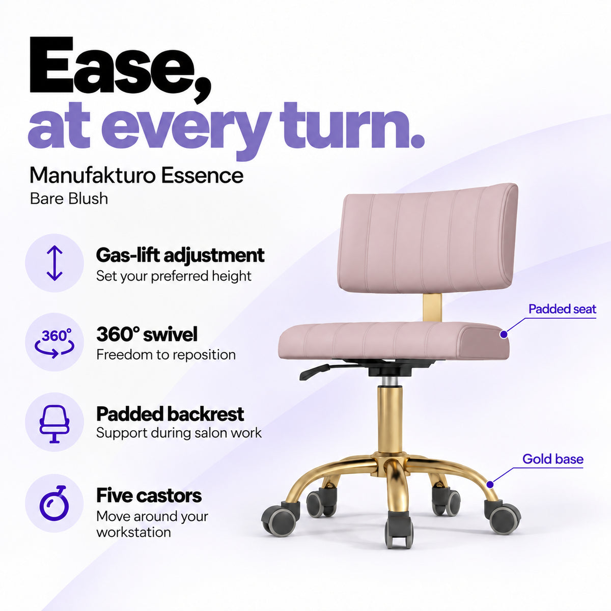 Manufakturo Essence Bare Blush beauty chair with gas-lift height adjustment, 360-degree swivel, padded backrest and five castors on a gold base.