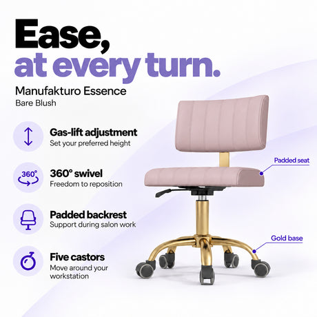 Manufakturo Essence Bare Blush beauty chair with gas-lift height adjustment, 360-degree swivel, padded backrest and five castors on a gold base.