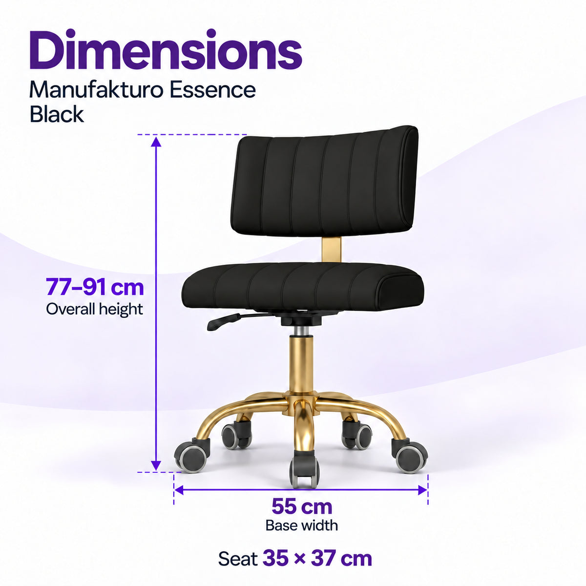 Manufakturo Essence Black beauty chair dimensions: overall height 77 to 91 cm, seat 35 x 37 cm and base width 55 cm.