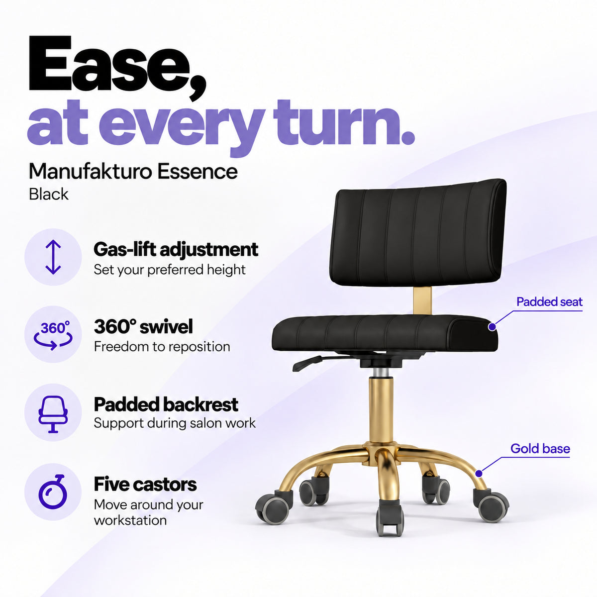 Manufakturo Essence Black beauty chair with gas-lift height adjustment, 360-degree swivel, padded backrest and five castors on a gold base.