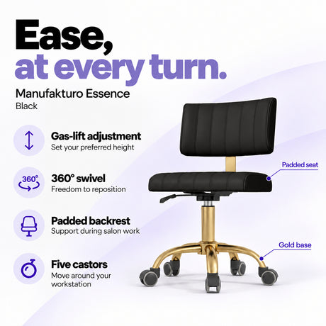 Manufakturo Essence Black beauty chair with gas-lift height adjustment, 360-degree swivel, padded backrest and five castors on a gold base.