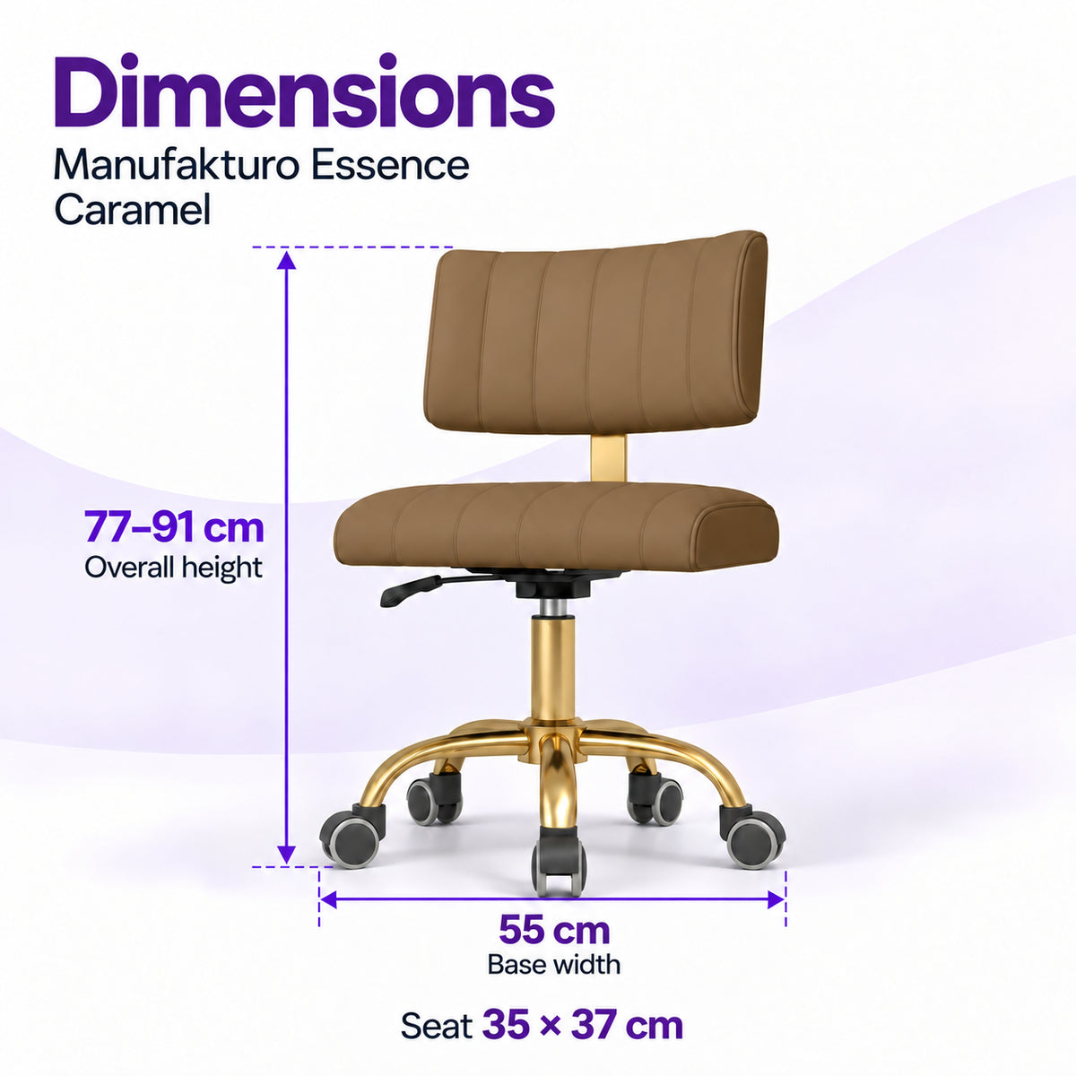 Manufakturo Essence Caramel beauty chair dimensions: overall height 77 to 91 cm, seat 35 x 37 cm and base width 55 cm.