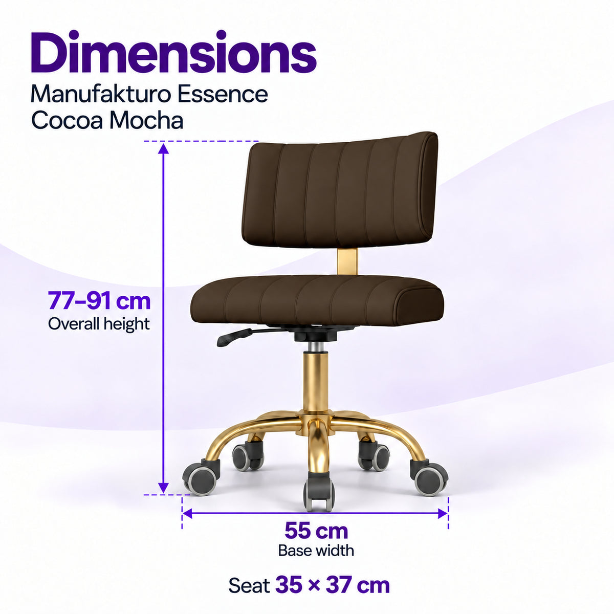 Manufakturo Essence Cocoa Mocha beauty chair dimensions: overall height 77 to 91 cm, seat 35 x 37 cm and base width 55 cm.