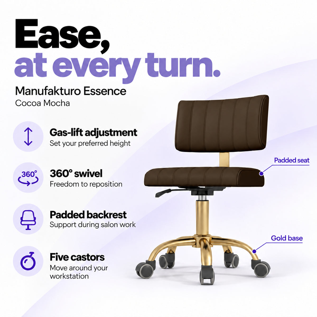 Manufakturo Essence Cocoa Mocha beauty chair with gas-lift height adjustment, 360-degree swivel, padded backrest and five castors on a gold base.