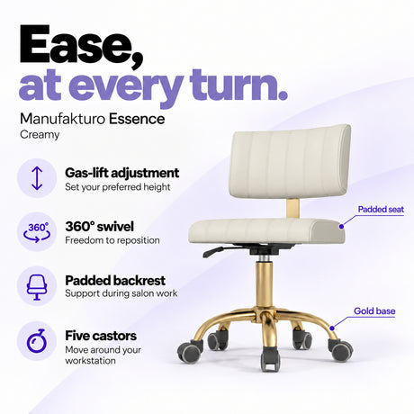 Manufakturo Essence Creamy beauty chair with gas-lift height adjustment, 360-degree swivel, padded backrest and five castors on a gold base.