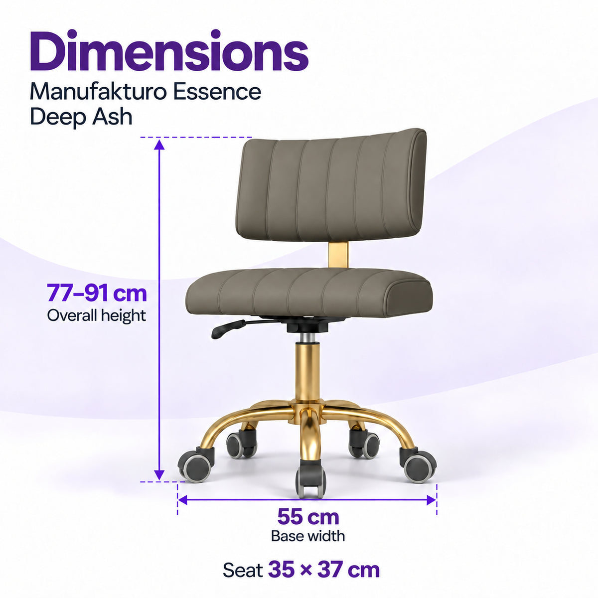 Manufakturo Essence Deep Ash beauty chair dimensions: overall height 77 to 91 cm, seat 35 x 37 cm and base width 55 cm.