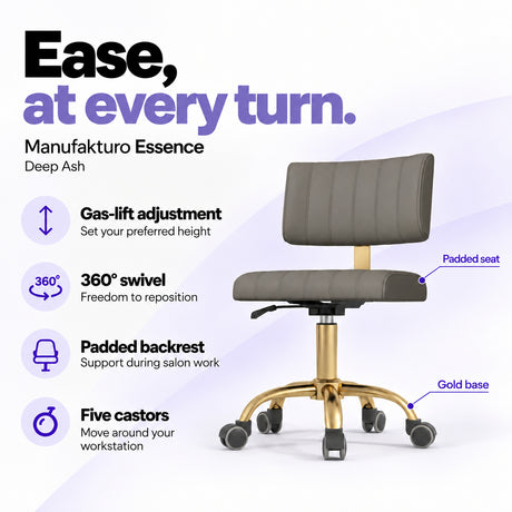 Manufakturo Essence Deep Ash beauty chair with gas-lift height adjustment, 360-degree swivel, padded backrest and five castors on a gold base.