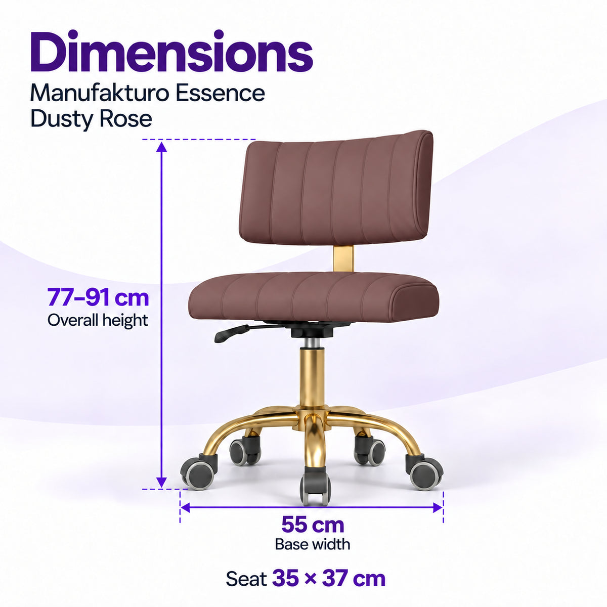 Manufakturo Essence Dusty Rose beauty chair dimensions: overall height 77 to 91 cm, seat 35 x 37 cm and base width 55 cm.