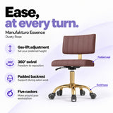 Manufakturo Essence Dusty Rose beauty chair with gas-lift height adjustment, 360-degree swivel, padded backrest and five castors on a gold base.