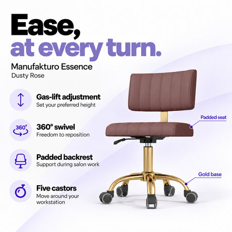 Manufakturo Essence Dusty Rose beauty chair with gas-lift height adjustment, 360-degree swivel, padded backrest and five castors on a gold base.