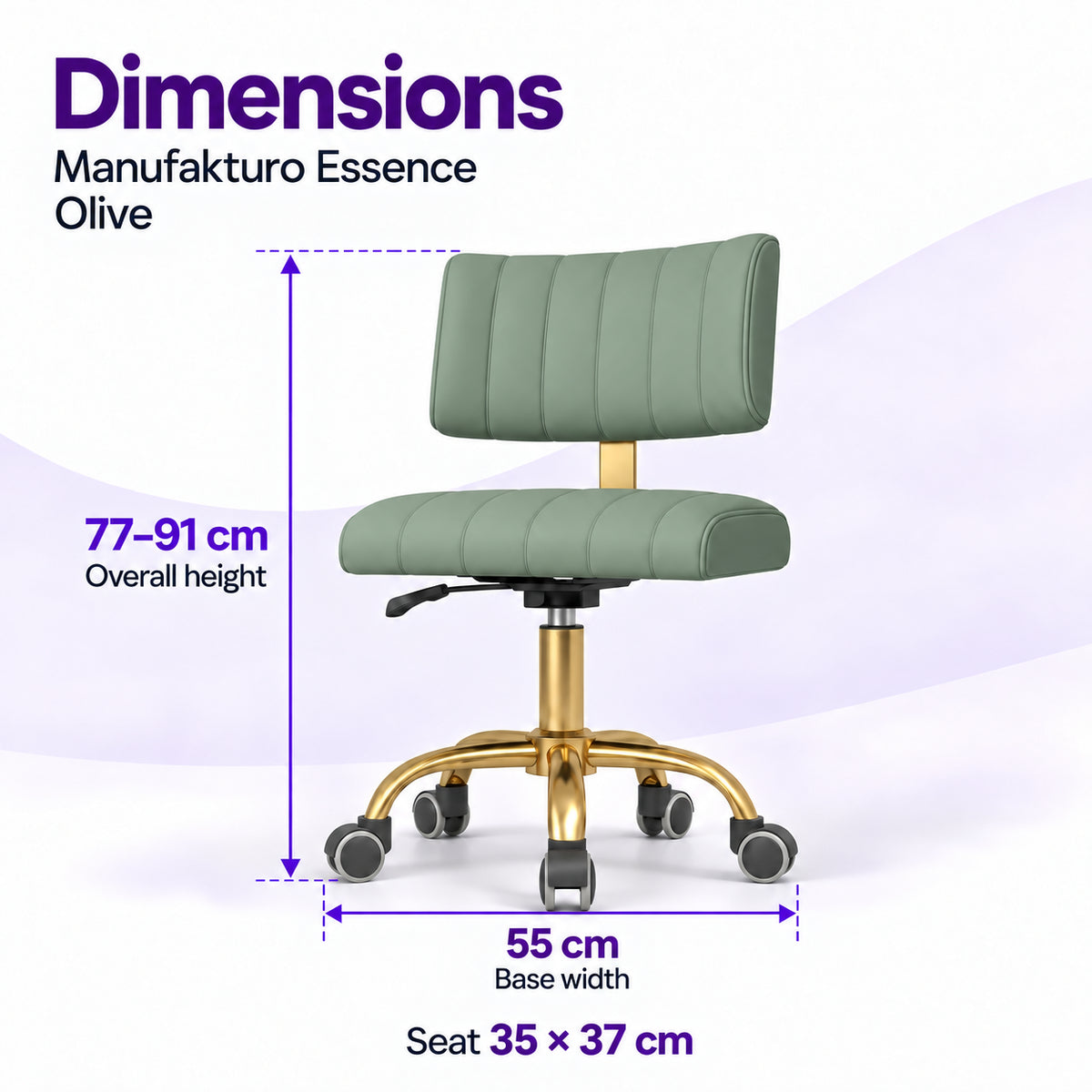 Manufakturo Essence Olive beauty chair dimensions: overall height 77 to 91 cm, seat 35 x 37 cm and base width 55 cm.