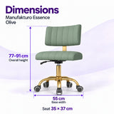 Manufakturo Essence Olive beauty chair dimensions: overall height 77 to 91 cm, seat 35 x 37 cm and base width 55 cm.