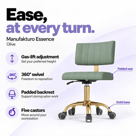 Manufakturo Essence Olive beauty chair with gas-lift height adjustment, 360-degree swivel, padded backrest and five castors on a gold base.