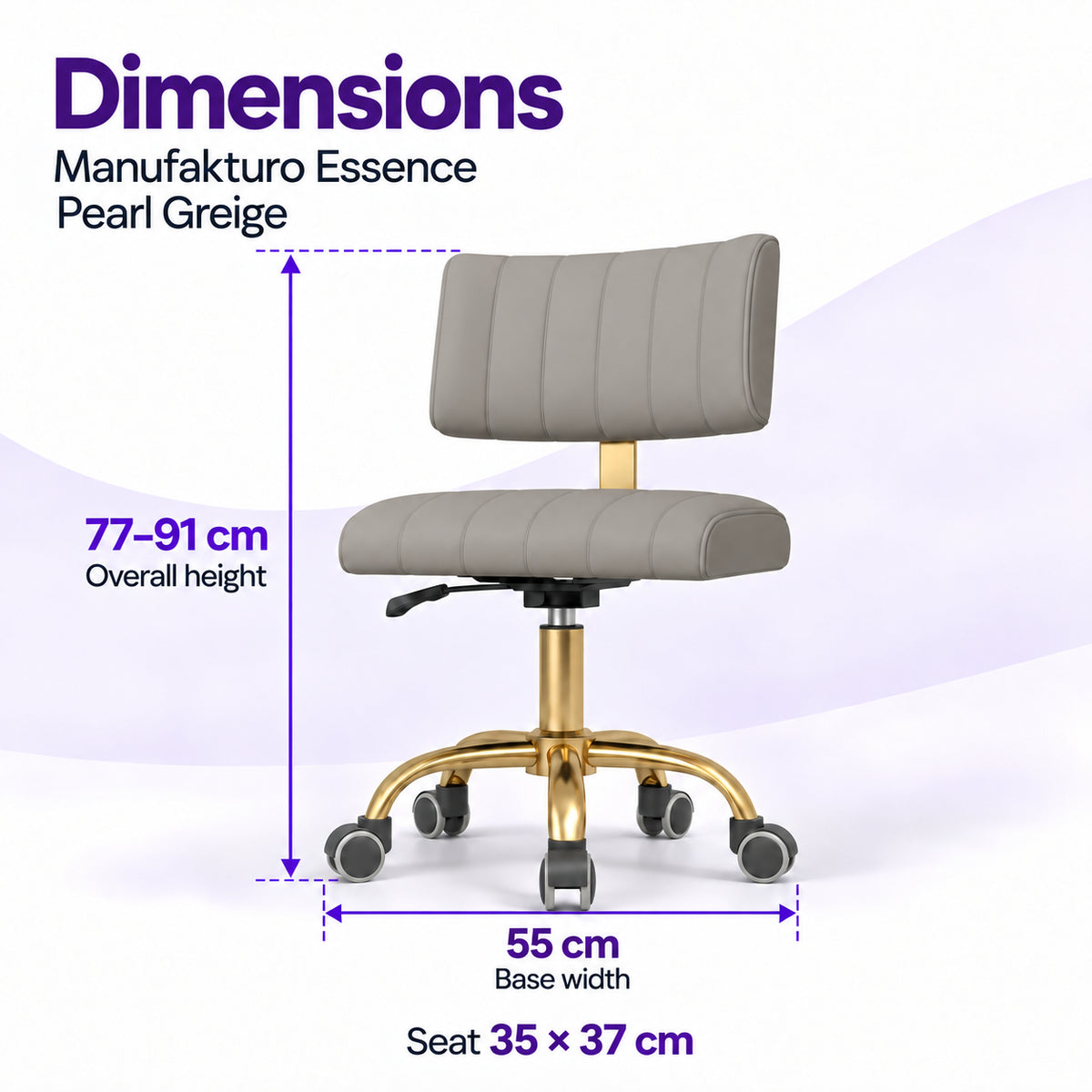 Manufakturo Essence Pearl Greige beauty chair dimensions: overall height 77 to 91 cm, seat 35 x 37 cm and base width 55 cm.