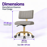Manufakturo Essence Pearl Greige beauty chair dimensions: overall height 77 to 91 cm, seat 35 x 37 cm and base width 55 cm.