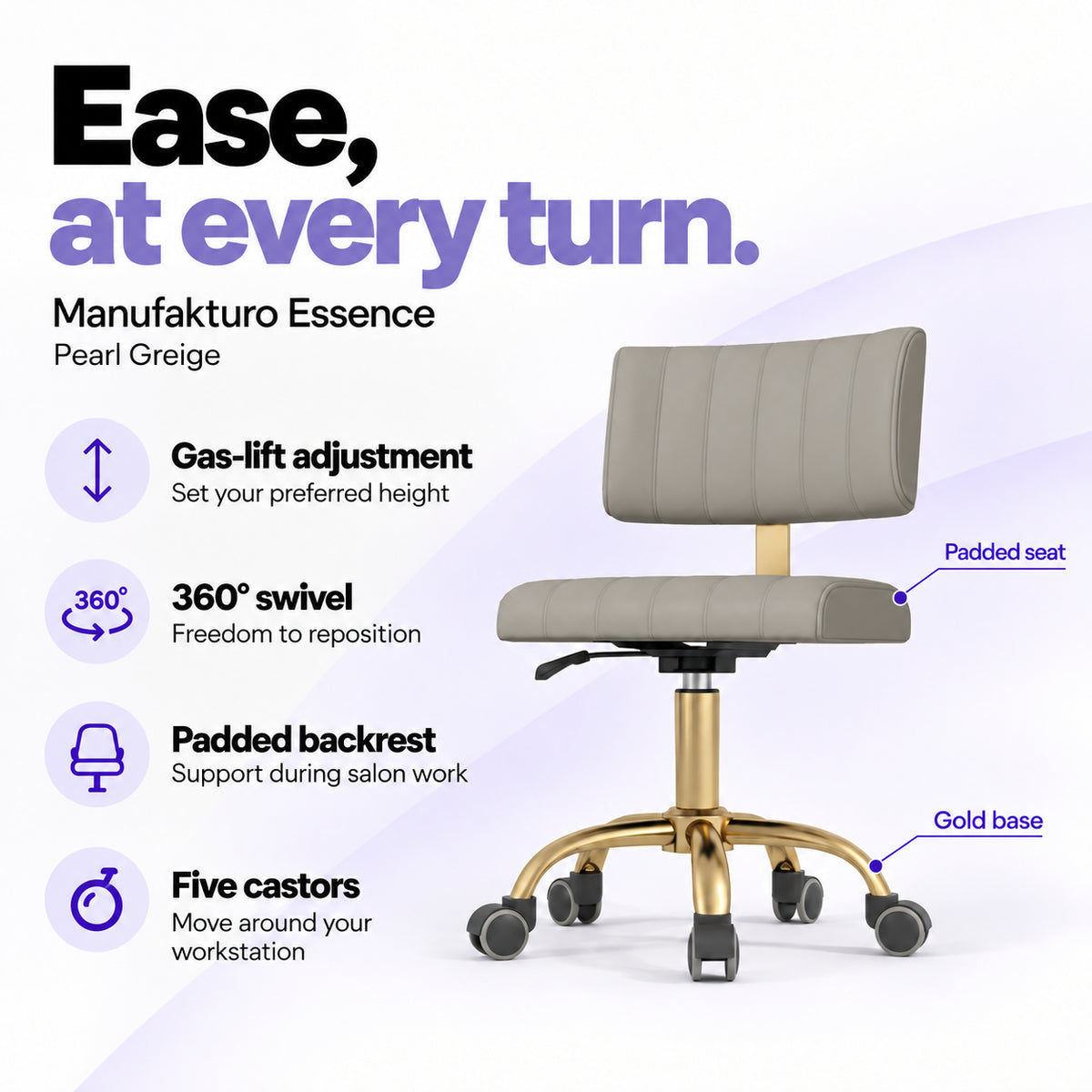 Manufakturo Essence Pearl Greige beauty chair with gas-lift height adjustment, 360-degree swivel, padded backrest and five castors on a gold base.
