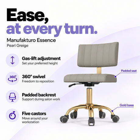Manufakturo Essence Pearl Greige beauty chair with gas-lift height adjustment, 360-degree swivel, padded backrest and five castors on a gold base.
