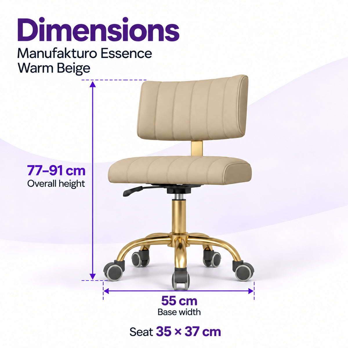 Manufakturo Essence Warm Beige beauty chair dimensions: overall height 77 to 91 cm, seat 35 x 37 cm and base width 55 cm.