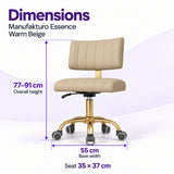 Manufakturo Essence Warm Beige beauty chair dimensions: overall height 77 to 91 cm, seat 35 x 37 cm and base width 55 cm.