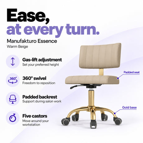 Manufakturo Essence Warm Beige beauty chair with gas-lift height adjustment, 360-degree swivel, padded backrest and five castors on a gold base.