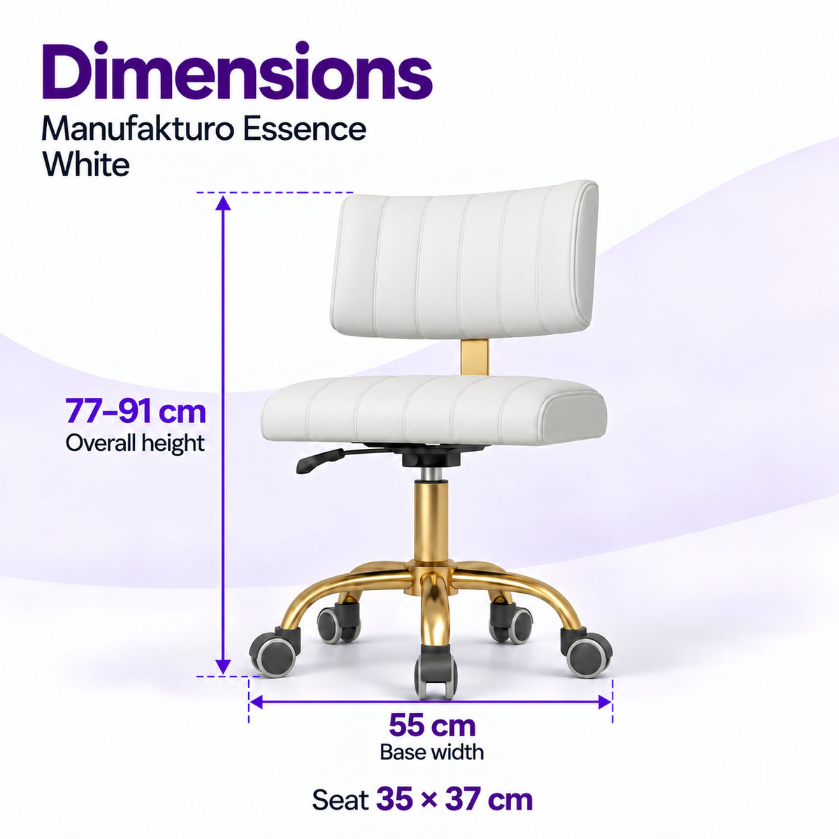 Manufakturo Essence White beauty chair dimensions: overall height 77 to 91 cm, seat 35 x 37 cm and base width 55 cm.
