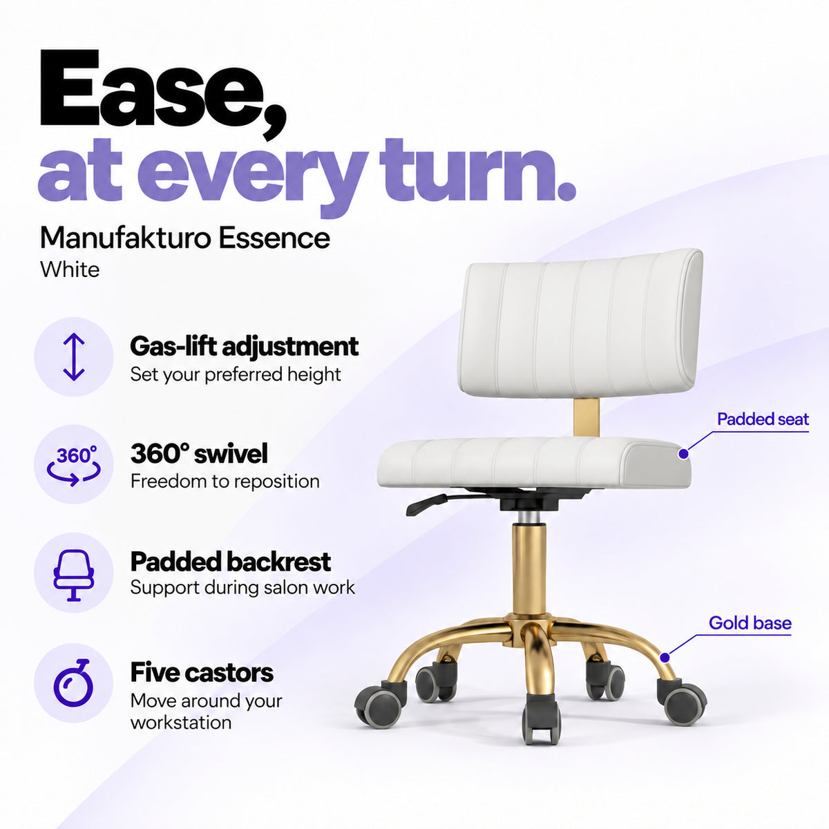 Manufakturo Essence White beauty chair with gas-lift height adjustment, 360-degree swivel, padded backrest and five castors on a gold base.