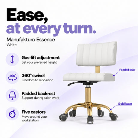 Manufakturo Essence White beauty chair with gas-lift height adjustment, 360-degree swivel, padded backrest and five castors on a gold base.