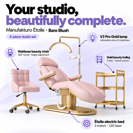 Manufakturo Étoile Bare Blush four-piece complete studio set: electric beauty bed with three motors and LED base, Noblesse swivel beauty chair, V3 Pro Gold adjustable treatment lamp and three-tier gold beauty trolley.