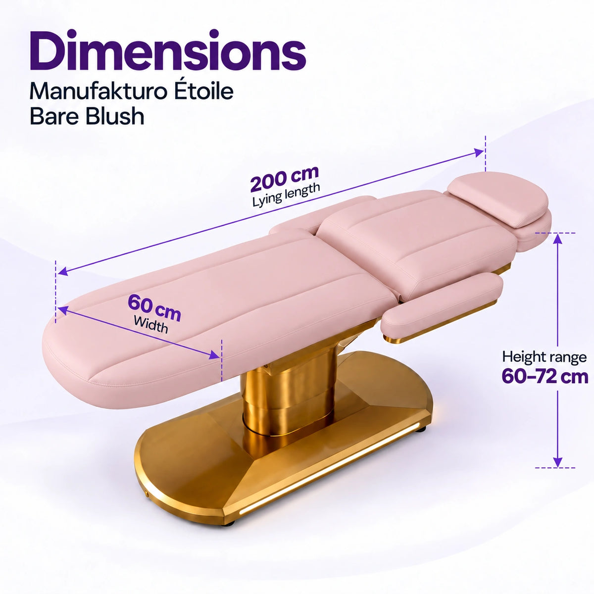 Manufakturo Étoile Bare Blush beauty bed dimensions on one full product photograph: 200 cm lying length, 60 cm width and adjustable height 60–72 cm.