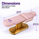 Manufakturo Étoile Bare Blush beauty bed dimensions on one full product photograph: 200 cm lying length, 60 cm width and adjustable height 60–72 cm.