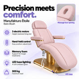 Manufakturo Étoile Bare Blush beauty bed with three electric motors, hand-held control, memory foam, LED base lighting, massage face opening and 300 kg maximum load.