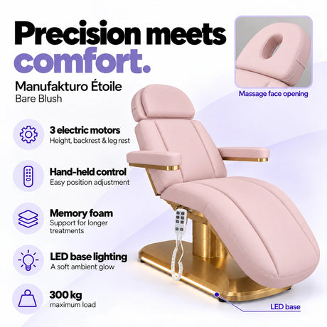 Manufakturo Étoile Bare Blush beauty bed with three electric motors, hand-held control, memory foam, LED base lighting, massage face opening and 300 kg maximum load.