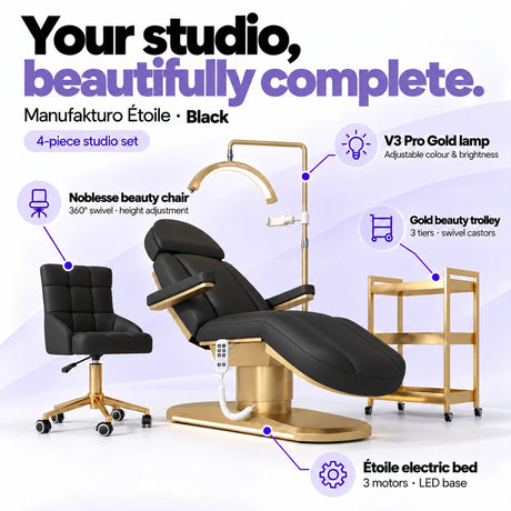 Manufakturo Étoile Black four-piece complete studio set: electric beauty bed with three motors and LED base, Noblesse swivel beauty chair, V3 Pro Gold adjustable treatment lamp and three-tier gold beauty trolley.