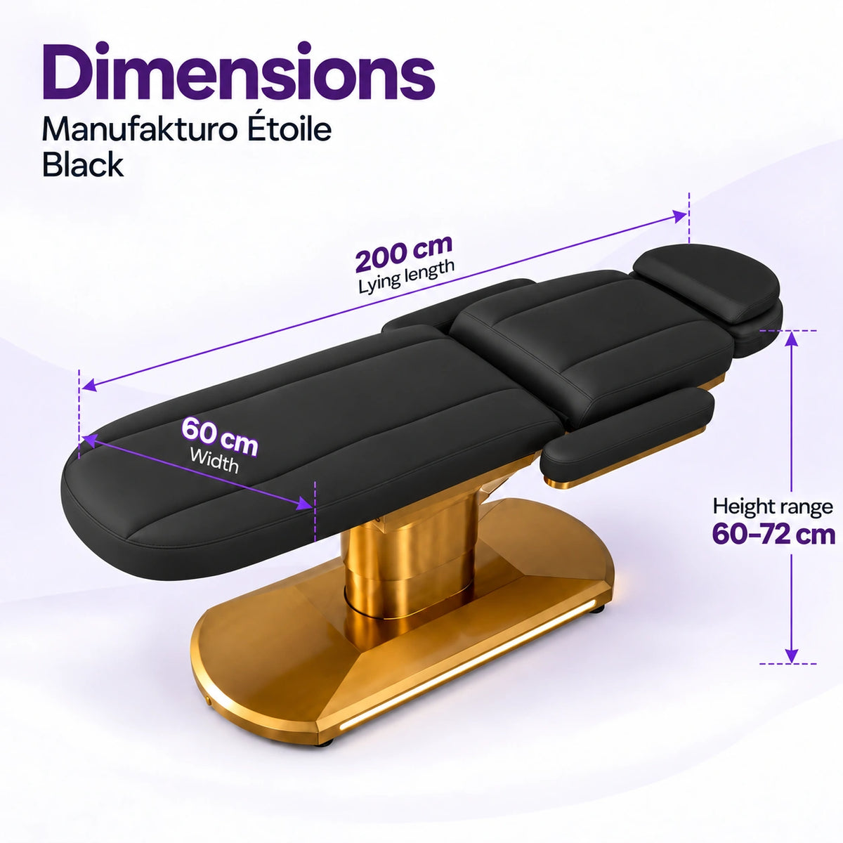 Manufakturo Étoile Black beauty bed dimensions on one full product photograph: 200 cm lying length, 60 cm width and adjustable height 60–72 cm.